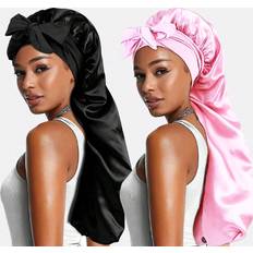 Women Bonnets Shein 2 Pcs Women's Satin Long Tube Sleep Cap With Ribbon