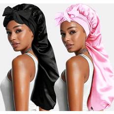 Women Bonnets Shein 2pcs Women's Long Tube Sleep Cap With Ribbon, Hair Care Hat For