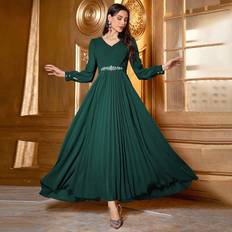 Plissering Klänningar Shein Women's V-Neck Long Sleeve Pleated Hem Dress