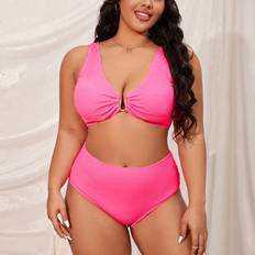 Pink Bikini Sets Shein Plus Size Texture V-Neck Bikini Set