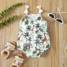 Green Bodysuits Children's Clothing Shein Baby Girls Coconut Tree And Giraffe Print Bodysuit With Bowknot Decoration