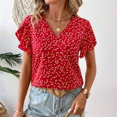 Adult Blouses Shein Heart Print VNeck Ruffle Sleeve Blouse