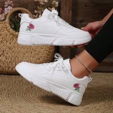 Shein Womens White Shoes English Style White Leather Sneakers With Round Toe Low Top Flat Skateboard Shoes Fashionable Breathable SlipResistant Casual Shoes