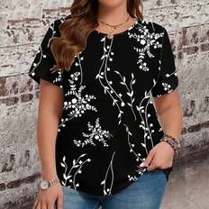 Blommiga T-shirts Shein Plus Women's Floral Print Round Neck Short Sleeve T-Shirt