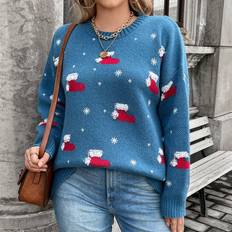 Christmas Jumpers - Multicoloured Shein Große Größe Pullover mit Weihnachten Muster, Drop Shoulder