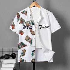White Shirts Shein Teen Boy's Dollar & Letter Printed Short Sleeve Button Down Shirt