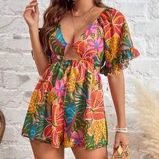 Ruffles Jumpsuits & Overalls Shein Tropical Printed Hollow Out Jumpsuit With Ruffle Trim