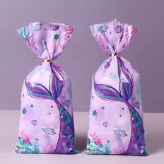 Purple Gift Bags Shein 25pcs Mermaid Style Gift Bag, Sea Mermaid Theme Girl's Birthday Baby Shower Party Gift Packaging Supplies, Candy Cookie Bags