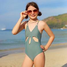 Knappar Baddräkter Barnkläder Shein Tween Girl's Hollow Out One-Piece Swimsuit With Shoulder Straps