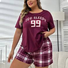 Stretch - Women Sleepwear Shein Plus Letter Print Short Sleeve Top And Checkered Shorts Pajama Set