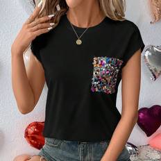 Shein T-Shirts Shein Frauen Glitzer Pailletten Patchwork Rundhals T-shirt