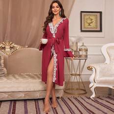 Red Robes Shein Embroidery Decorated Belted Womens Bathrobe