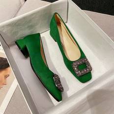 Läder Pumps Shein Fashionable Classic Suede Chunky Heel Square Toe Pumps With Full Rhinestone Buckle Detailing For Women