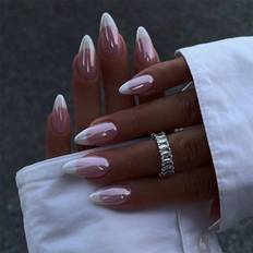 Shein French Tip Press On Nails Almond Medium Fake Nails With Chrome Glossy Nude False Nails Glue Acrylic Nails