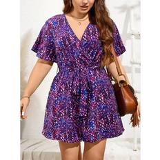 Ruffles Jumpsuits & Overalls Shein Plus Womens Full Floral Print Romper With Ruffle Sleeves