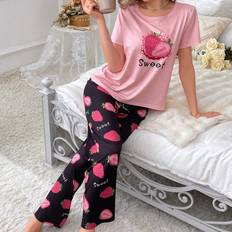 Multicoloured Pyjamas Shein Womens Strawberry Letter Print Pajama Set