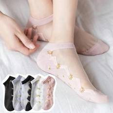 Multifärgade - Silke/Siden Underkläder Shein 5pairs Women's Simple Style Breathable Soft Comfy Glass Crystal Silk Short Socks, Moisture Wicking, Sweet Casual Fashion Ankle Socks
