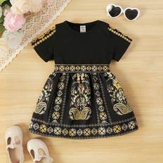 74/80 Övriga sets Shein Baby Girl Retro Flower Pattern Short Sleeve Top And Elastic Waist Printed Skirt Set