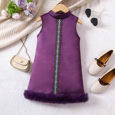 Purple Dresses Shein Little Girls Geometric Ribbon Patchwork Hem Furry Sleeveless Dress