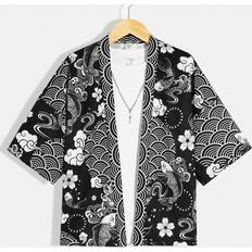 Black Shirts Children's Clothing Shein Boys' Casual Vacation Koi Fish Print Open-Front Woven Shirt