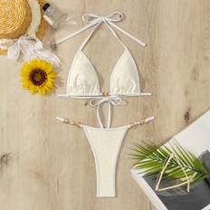 White Bikini Sets Shein Textured VNeck Halter Neck Bikini Set