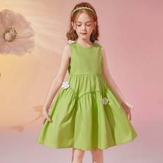 Hög krage Klänningar Barnkläder Shein Tween Girls' Summer Solid Color Floral Sleeveless Princess Dress With Fresh Feeling