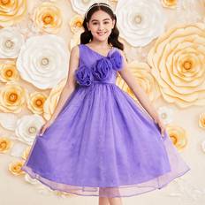Hög krage Klänningar Barnkläder Shein Tween Girl's Sleeveless Asymmetrical Neckline Midi Dress With 3d Flowers, Tulle Fabric