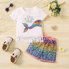 M Övriga sets Shein Toddler Girls' Mermaid Fringe Short Sleeve Top And Shorts Set