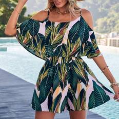 Multicoloured Jumpsuits & Overalls Shein Womens Vacation Tropical Plant Printed OffShoulder Romper