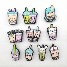 Shoe Charms Shein 10pcs Cute Milk Tea Cartoon Shoe Charms For Clogs Bubble Slides Sandals, PVC Shoe Decorations Accessories For Christmas/Thanksgiving/Halloween/Birthda