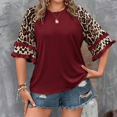 Red - Women T-shirts Shein Plus Leopard Print Flounce Sleeve Tee