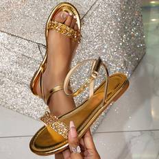 Polyuretan Sandaler Shein Women's Fashion Glitter Flat Sandals With Bare Strap, Light Weight, Comfortable, Simple, Open Toe, Spring/Summer Casual Outdoor Flat Beach Sandals For