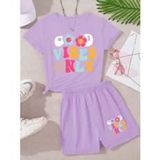 Purple Other Sets Children's Clothing Shein Tween Girls Letter Print Short Sleeve TShirt And Shorts Set