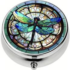 Shein 1pc Blue Glass Dragonfly Pill Box, 3 Compartment Medicine Pill Organizer, Mini Pill Box, Pill Case For Purse, Travel Portable Pill Box, Unique Hallowe