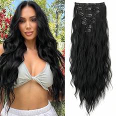 Shein 16 Pcs Clips In Hair Extensions 7pcs Hairpieces Black Color 22 Inch Long Natural Wavy Wave Heat Fiber