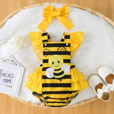 Florals Bodysuits Children's Clothing Shein Baby Girl Striped Bodysuit With Bee & Insect Print, Back Cross Straps & Ruffled Hem, With Headband For & Summer