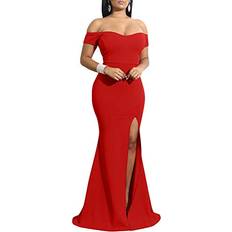 YMDUCH Womens Off Shoulder High Split Long Formal Party Dress Evening Gown Red