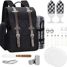 Plastic Cooler Bags Picnic Backpack for 2 Person with Large Insulated Cooler Bag, Picnic Basket Set with Wine Pouch, Waterproof Picnic Blanket & Cutlery Set. Perfect for Camping, Party,Wedding Gift for Couple.2P-Black