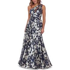 Betsy & Adam Gwen Long One Shoulder Wrap Foile Flower Dress - Navy/Gunmetal