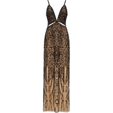 Gala-worthy beige maxi dress covered in black sequined ornament, Smoky Quartz