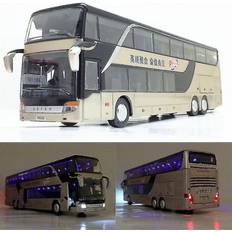 HKHBJS 1:32 Alloy Pull Back Double-decker Bus Model Simulation Bus Toy Sightseeing Bus Flashing Door Children Toys Kids Christmas Gifts