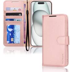 Apple iPhone 15 Leather Wallet Case, Flip Protective Case Cover with Wallet Card Holder, Stand and Wrist Strap PU Leather Case with Magnetic Closure