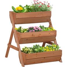 Pots, Plants & Cultivation OutSunny Brown 3 Tier Wooden Raised Garden Bed Elevated Planter Box Kit