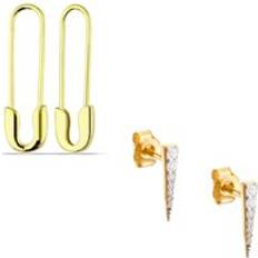 Guld Broscher Spero London Long Pave Dagger Stud and Safety Pin Earring Set