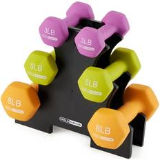 HolaHatha 3 5 and 8 Pound Dumbbell Hand Weight Set with Storage Rack Multi