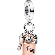 Pandora Key Padlock & Heart Triple Dangle Charm - Silver/Rose Gold/Transparent