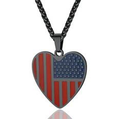 Jewelry U7 American Flag Necklace Red Heart Enamel Pendant Stainless Steel Patriotic National/Independence Day July 4th Gift Black Plated Necklace For Men Women