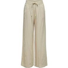 JDY Say High Waisted Wide Leg Linen Trousers with Tie Waist in Beige