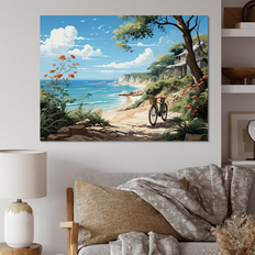 Design Art "Turquoise Seaside Trek " Bicycle Wall Green; Blue Framed Art