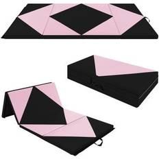 Costway 8 Feet PU Leather Folding Gymnastics Mat with Hook and Loop Fasteners-Black &